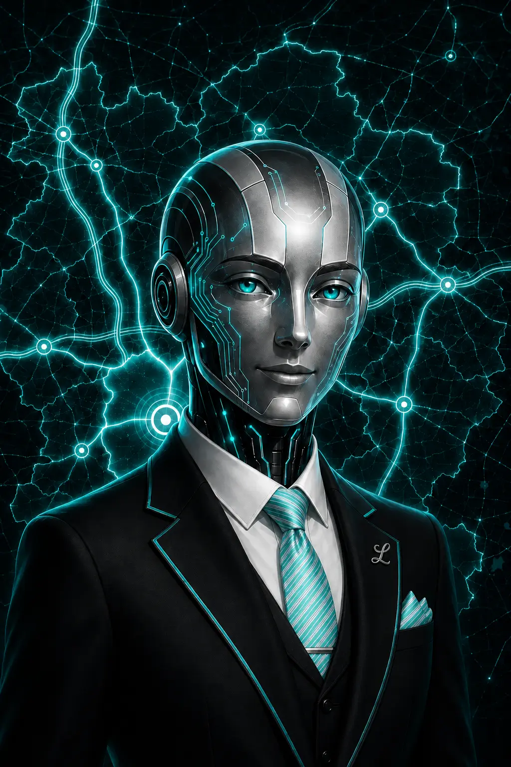 Limoette.com Concierge in a black suit with an aqua and white striped tie, aqua pocket square, and glowing aqua circuitry