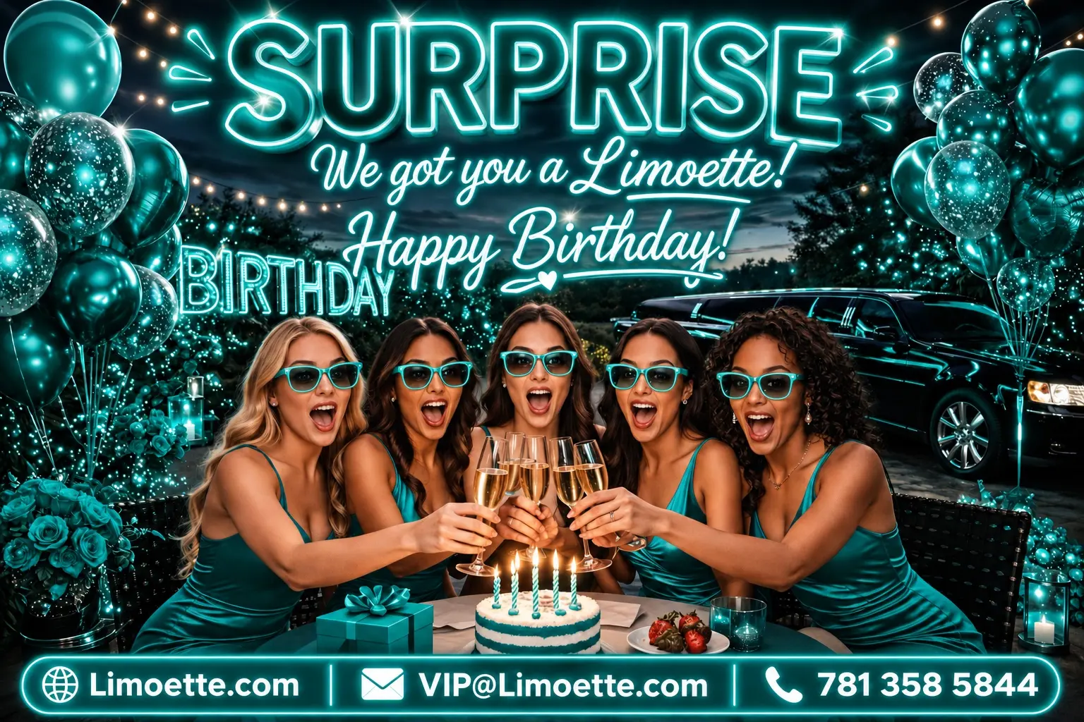 Friends surprising someone with a Limoette limousine birthday celebration