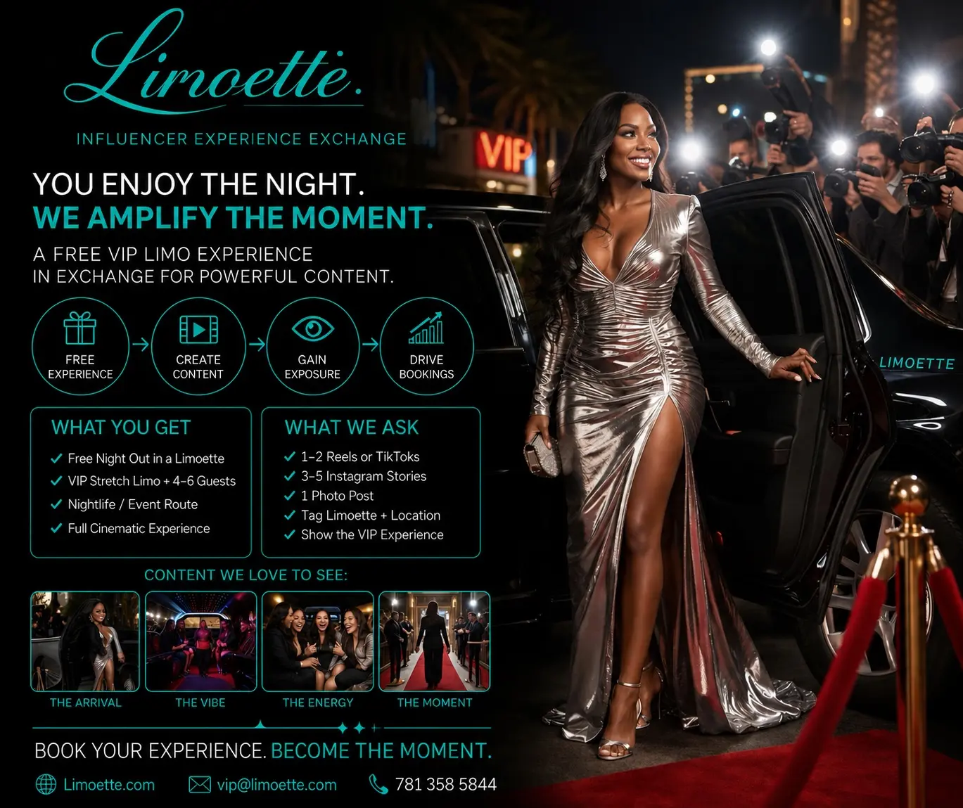Influencer arriving on the red carpet through the Limoette Influencer Experience Exchange