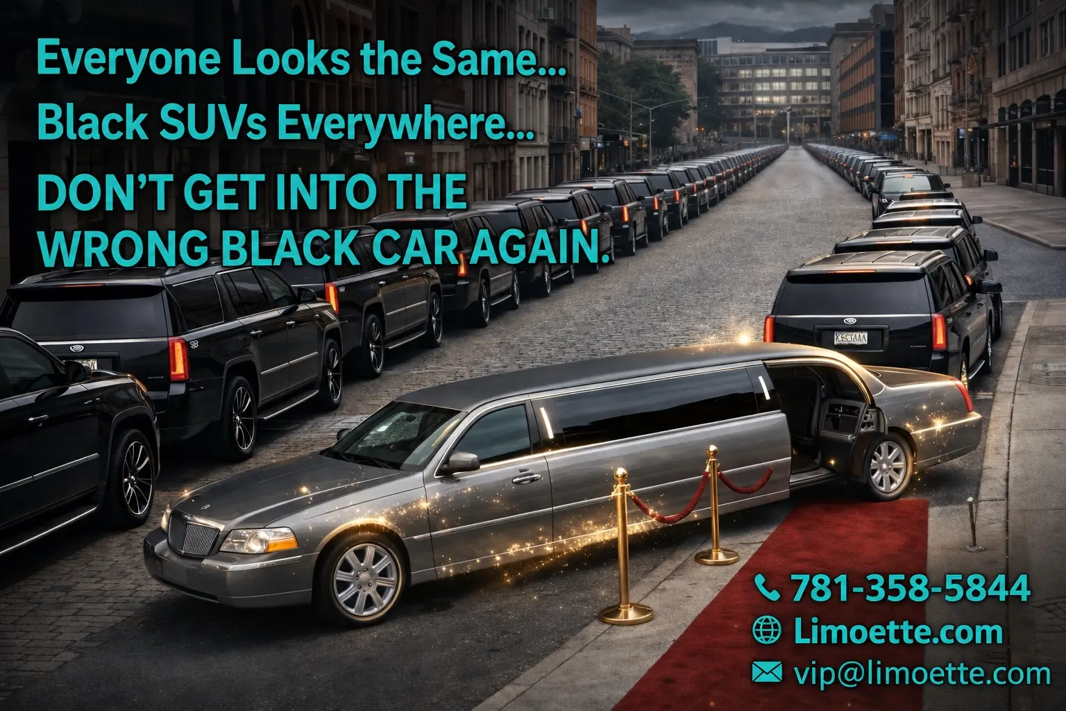 Distinctive Limoette stretch limousine standing out from rows of identical black SUVs