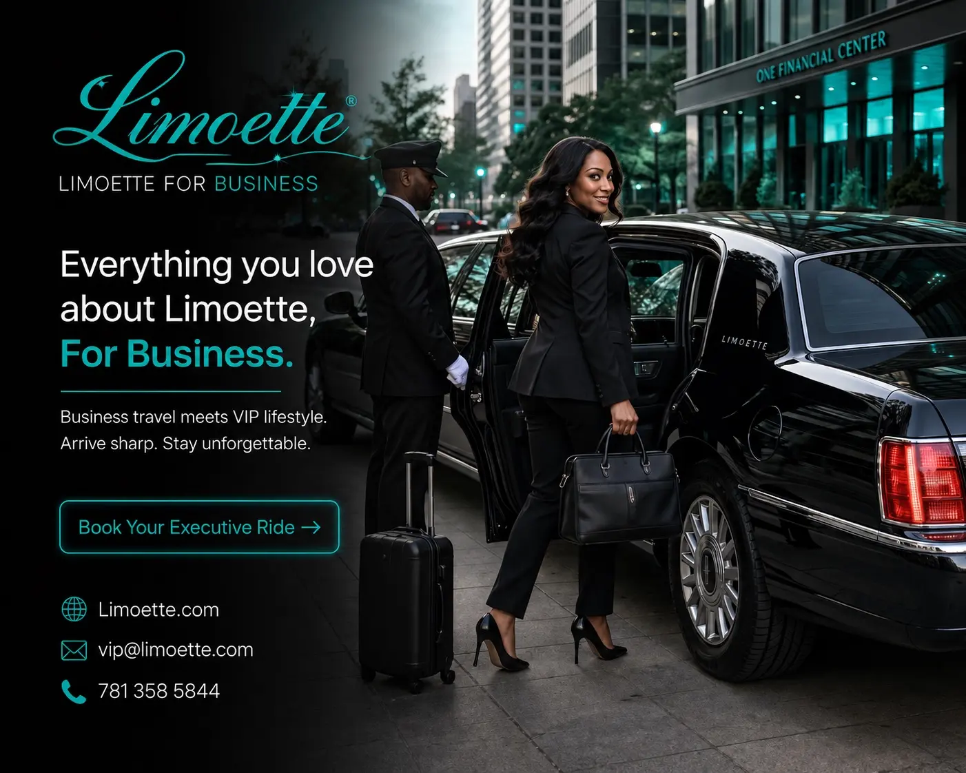 Business travelers receiving executive Limoette limousine service
