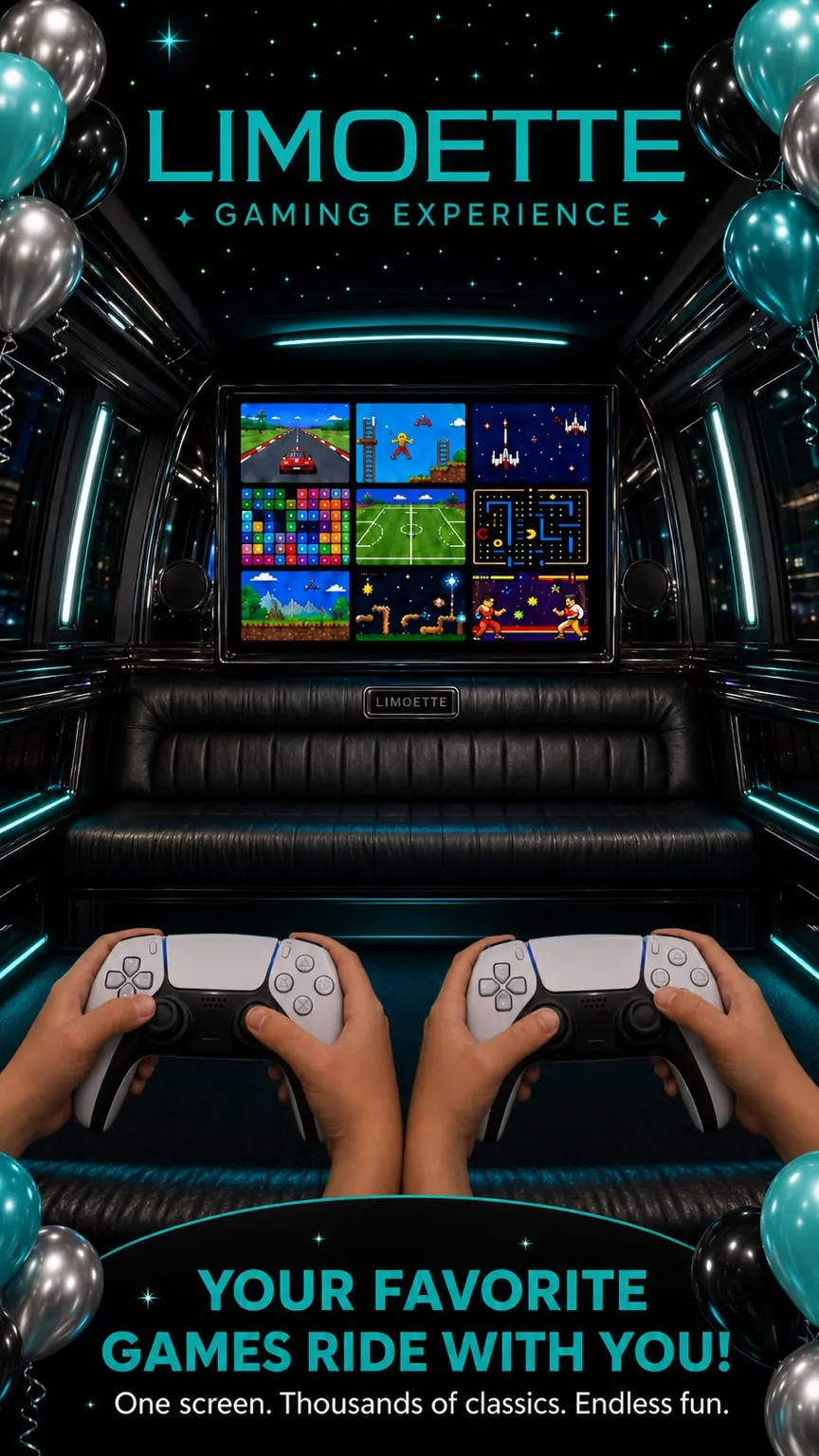 Friends playing video games together inside a Limoette stretch limousine