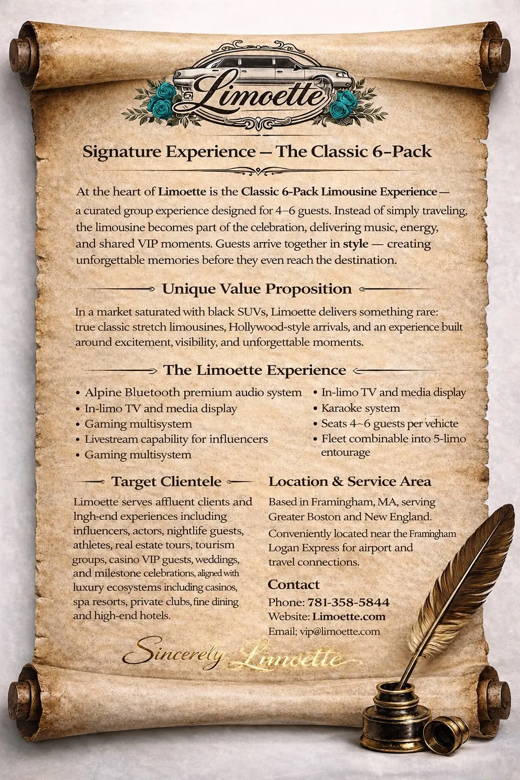 Classic 6-Pack Limoette signature limousine experience on a parchment scroll