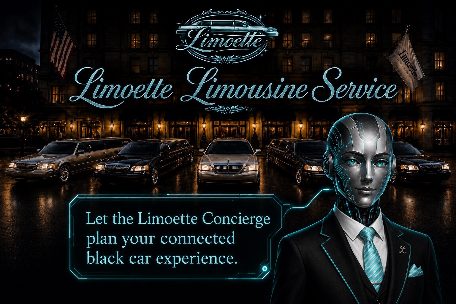 Limoette Concierge beside a five-car classic stretch limousine lineup with the connected black-car planning message.