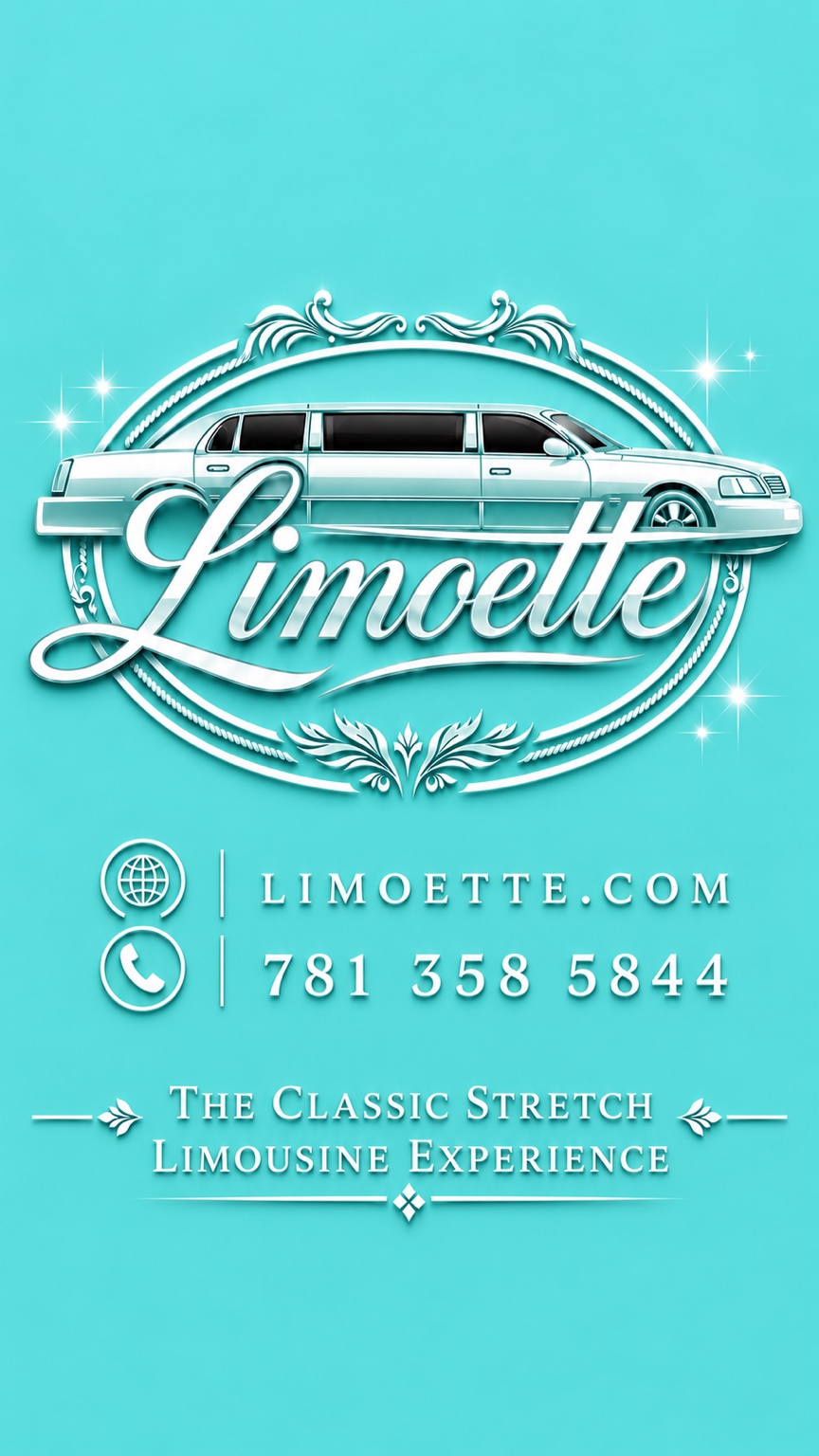 Tiffany blue Limoette business card with Limoette.com and 781-358-5844