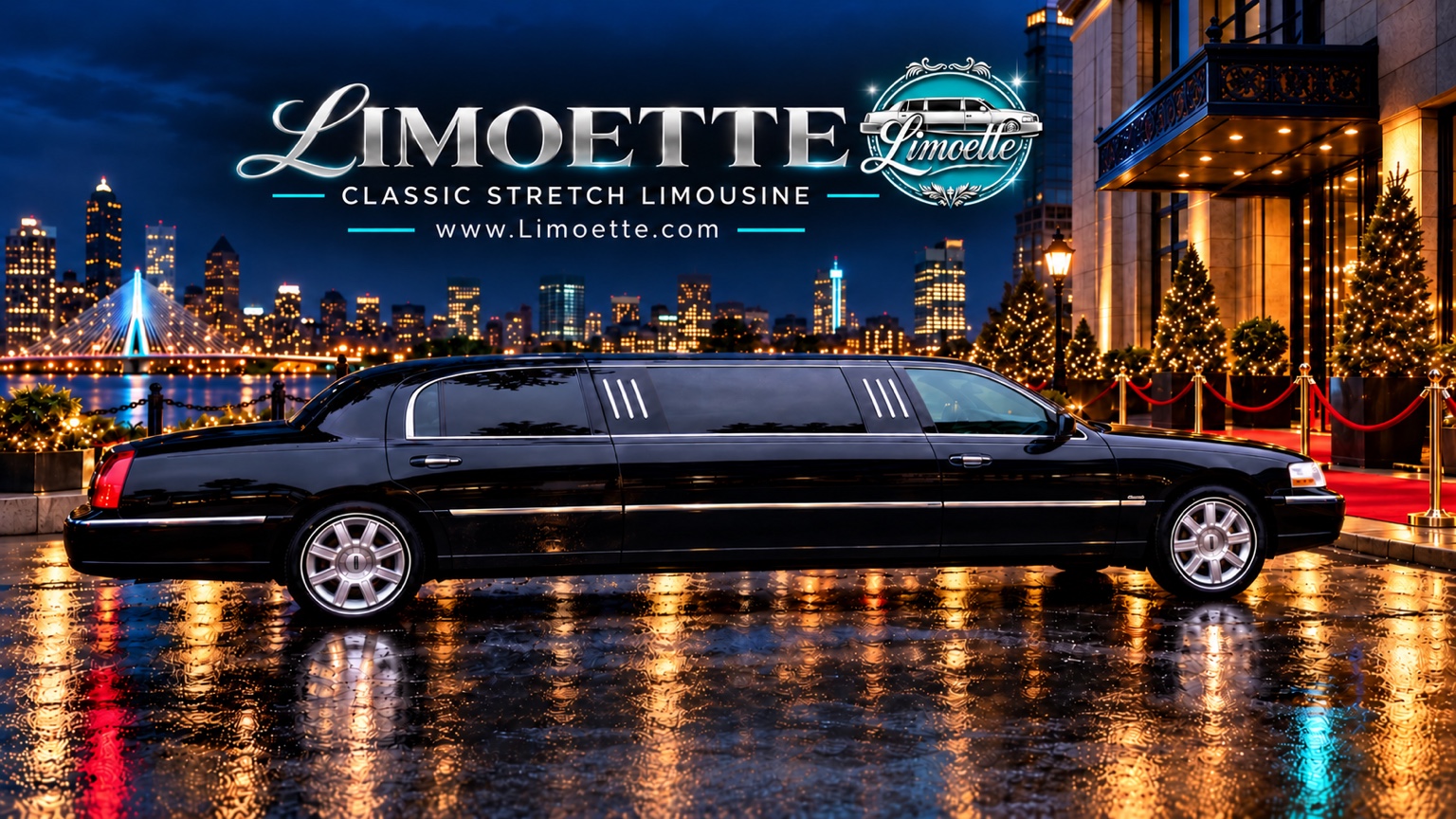 Black Limoette classic stretch limousine beside the Boston skyline and a red-carpet arrival.