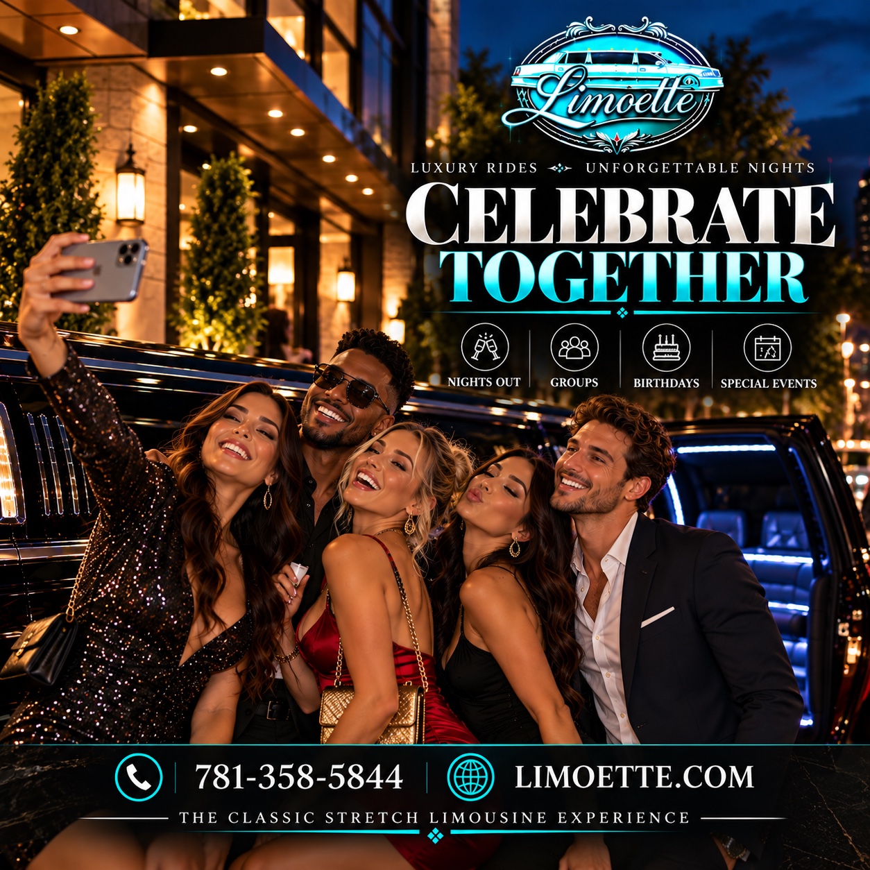 Friends celebrating together beside a classic stretch limousine, with the Limoette Celebrate Together message.